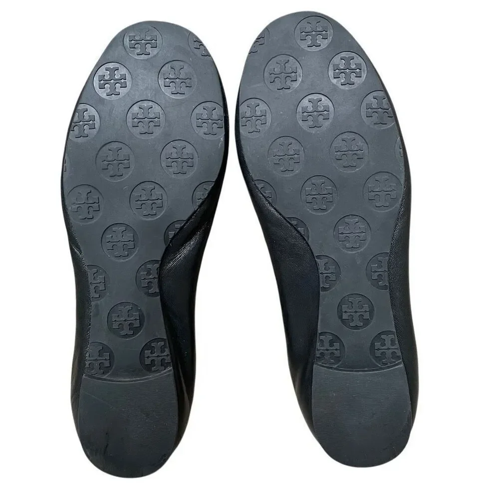 Tory Burch Reva Ballet Flats Women’s‎ 6.5 Travel Black Leather Silver Medallion